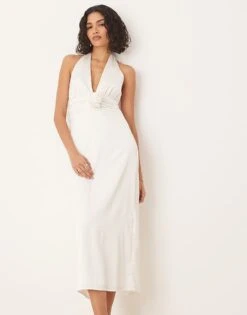 Abercrombie & Fitch Bridal Plunge Rosette Column Halter Maxi Dress In White For Women -Abercro Clothing Shop 207871686 1 white 1