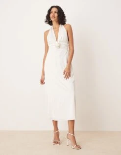 Abercrombie & Fitch Bridal Plunge Rosette Column Halter Maxi Dress In White For Women -Abercro Clothing Shop 207871686 3