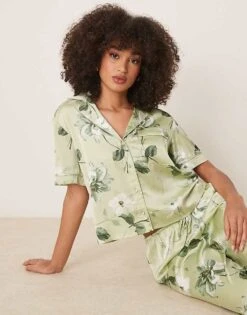 Abercrombie & Fitch Short Sleeve Button Up Pyjama Shirt In Green Floral Co-ord For Women