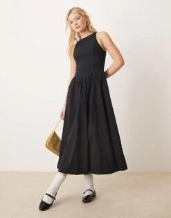 Abercrombie & Fitch High Neck Drop Waist Midi Dress In Black For Women