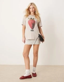 Abercrombie & Fitch Short Sleeve Skimming Embellished Strawberry T-shirt In Beige For Women -Abercro Clothing Shop 207871877 1 beige 1