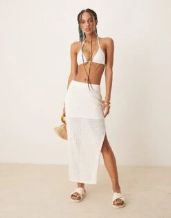 Abercrombie & Fitch Mid Rise Crochet Maxi Skirt With Side Split In Cream For Women -Abercro Clothing Shop 207873524 5