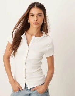 Abercrombie & Fitch Button Through Ribbed Top In Cream For Women -Abercro Clothing Shop 207873623 1 cream 1