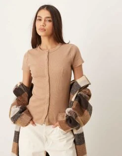 Abercrombie & Fitch Button Through Ribbed Top In Brown For Women