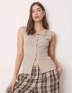 Abercrombie & Fitch Slash Neck Button Through Longline Rib Top In Grey For Women