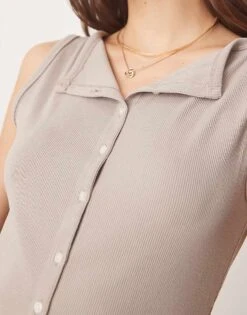 Abercrombie & Fitch Slash Neck Button Through Longline Rib Top In Grey For Women -Abercro Clothing Shop 207873683 3