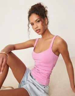 Abercrombie & Fitch Sweetheart Neckline Contrast Top In Bubble Pink For Women Dark Pink