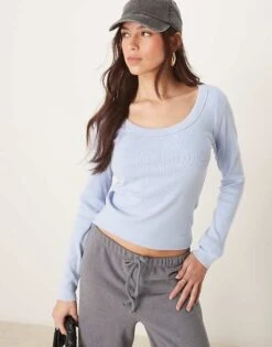 Abercrombie & Fitch Long Sleeve Scoop Neck Rib Top In Light Blue For Women