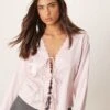 Abercrombie & Fitch Lace Tie Front Long Sleeve Top In Chalk Pink For Women -Abercro Clothing Shop 207873856 1 pink
