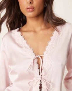 Abercrombie & Fitch Lace Tie Front Long Sleeve Top In Chalk Pink For Women -Abercro Clothing Shop 207873856 3