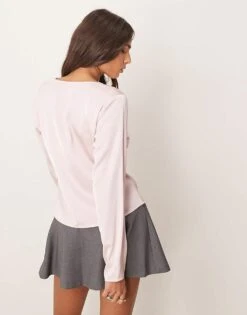 Abercrombie & Fitch Lace Tie Front Long Sleeve Top In Chalk Pink For Women -Abercro Clothing Shop 207873856 4