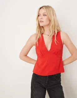 Abercrombie & Fitch Plunge Neck Sleeveless Top In Red For Women -Abercro Clothing Shop 207873909 1 red 1