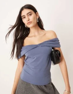 Abercrombie & Fitch Asymmetric Twist Off Shoulder Top In Indigo For Women Blue