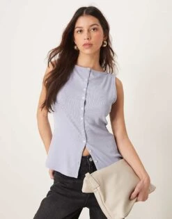 Abercrombie & Fitch Slash Neck Button Through Longline Rib Top In Blue For Women Dusky Blue