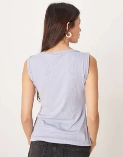 Abercrombie & Fitch Slash Neck Button Through Longline Rib Top In Blue For Women Dusky Blue -Abercro Clothing Shop 207873940 4