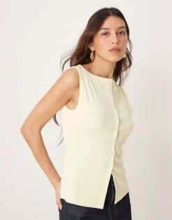Abercrombie & Fitch Slash Neck Button Through Longline Rib Top In Yellow For Women -Abercro Clothing Shop 207874043 1 yellow 1