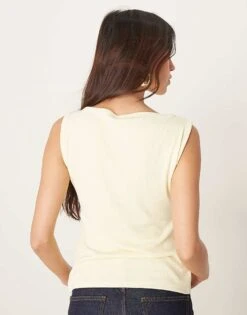 Abercrombie & Fitch Slash Neck Button Through Longline Rib Top In Yellow For Women -Abercro Clothing Shop 207874043 4