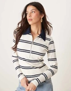 Abercrombie & Fitch Collar Detail Button Detail Long Sleeeve Top In Stripe For Women Multi