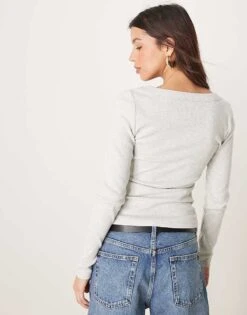 Abercrombie & Fitch Long Sleeve Scoop Neck Rib Top In Light Grey For Women -Abercro Clothing Shop 207874109 3