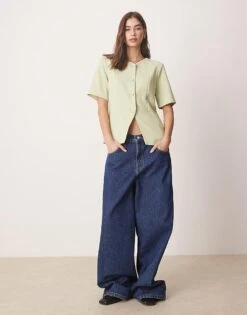 Abercrombie & Fitch Short Sleeve Tailored Button Through Top In Light Green For Women -Abercro Clothing Shop 207874123 1 lightgreen 1