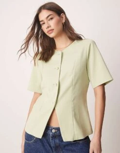 Abercrombie & Fitch Short Sleeve Tailored Button Through Top In Light Green For Women -Abercro Clothing Shop 207874123 3