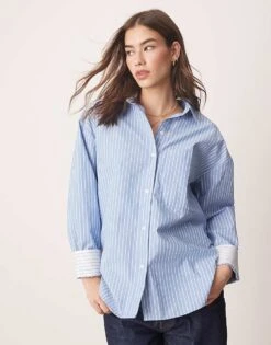 Abercrombie & Fitch Long Sleeve Oversized Poplin Shirt In Blue And White Stripe For Women -Abercro Clothing Shop 207874147 1 stripe 1