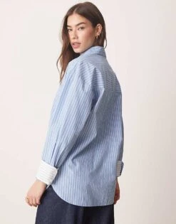 Abercrombie & Fitch Long Sleeve Oversized Poplin Shirt In Blue And White Stripe For Women -Abercro Clothing Shop 207874147 4