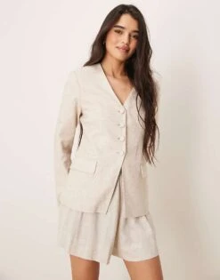 Abercrombie & Fitch Collarless Nipped Linen Blazer In Oatmeal For Women -Abercro Clothing Shop 207874195 1 oatmeal 1