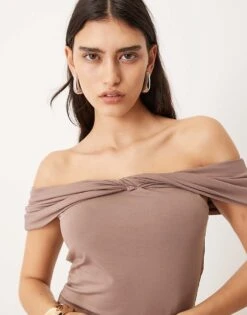 Abercrombie & Fitch Asymmetric Twist Off Shoulder Top In Brown For Women