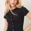 Abercrombie & Fitch Button Through Ribbed Top In Black For Women