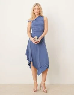 Abercrombie & Fitch One Shoulder Asymmetric Hem Midi Dress In Navy For Women