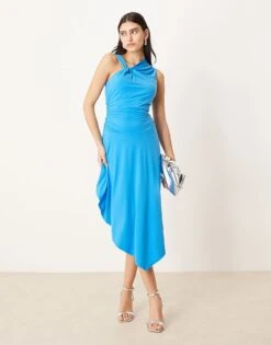 Abercrombie & Fitch Long Sleeve Slash Neck Asymmetric Hem Maxi Dress In Turquoise For Women Blue -Abercro Clothing Shop 207884077 1 blue 1