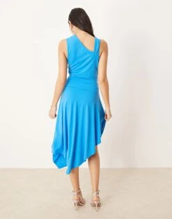 Abercrombie & Fitch Long Sleeve Slash Neck Asymmetric Hem Maxi Dress In Turquoise For Women Blue -Abercro Clothing Shop 207884077 3