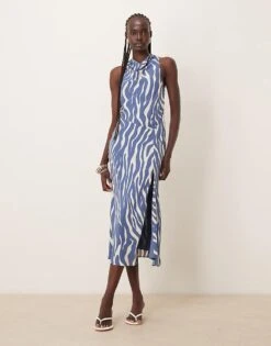 Abercrombie & Fitch Cowl Neck Maxi Dress With Thigh Split In Blue Animal Print For Women Multi -Abercro Clothing Shop 207884116 1 multi 1