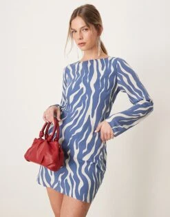 Abercrombie & Fitch Long Sleeve Slash Neck Asymmetric Hem Mini Dress In In Blue Animal Print For Women Multi -Abercro Clothing Shop 207884117 3