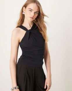 Abercrombie & Fitch Drape Twist Front Asymmetric Top In Black For Women