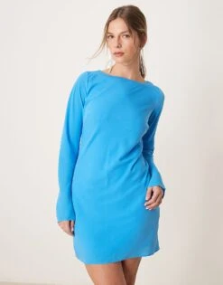 Abercrombie & Fitch Long Sleeve Slash Neck Asymmetric Hem Mini Dress In Blue For Women