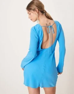 Abercrombie & Fitch Long Sleeve Slash Neck Asymmetric Hem Mini Dress In Blue For Women -Abercro Clothing Shop 207884148 3