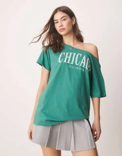 Abercrombie & Fitch Slash Neck T-shirt With Chicago Print In Green For Women Antique Green