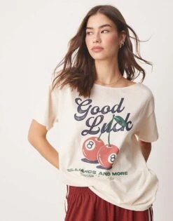 Abercrombie & Fitch Slash Neck T-shirt With Lucky Cherry Print In White For Women Cloud Dancer