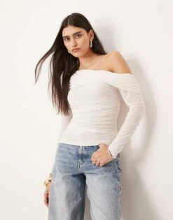 Abercrombie & Fitch Sheer Fold Over Top In White For Women