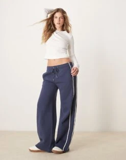 Abercrombie & Fitch Essential Mid Rise Wide Leg Motif Detail Jogger In Indigo For Women Navy