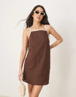 Abercrombie & Fitch Square Neck Mini Shift Dress In Brown For Women