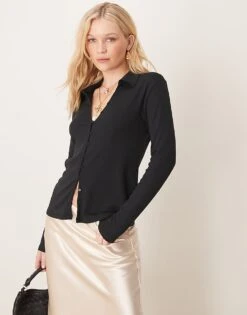 Abercrombie & Fitch Button Through Top With Collar In Black For Women