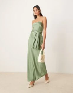 Abercrombie & Fitch Strapless Tie Detail Maxi Dress In Sage For Women Green -Abercro Clothing Shop 207915607 1 green 1
