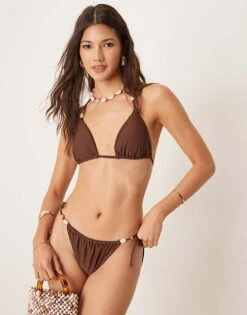 Abercrombie & Fitch Swim Tie Side Bikini Bottom With Bead Detail Co-ord In Brown For Women