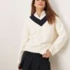 Abercrombie & Fitch Oversized Contrast V Neck Jumper In Cream For Women -Abercro Clothing Shop 207915720 1 cream