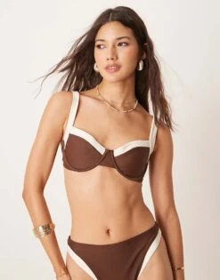 Abercrombie & Fitch Swim Wide Contrast Binding Bikini Top Co-ord In Brown For Women