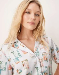 Abercrombie & Fitch Nightwear Button Up Top Co-ord In Postcard Print For Women Post Card Print -Abercro Clothing Shop 207916184 3