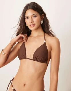Abercrombie & Fitch Swim Triangle Bikini Top With Bead Detail Co-ord In Brown For Women